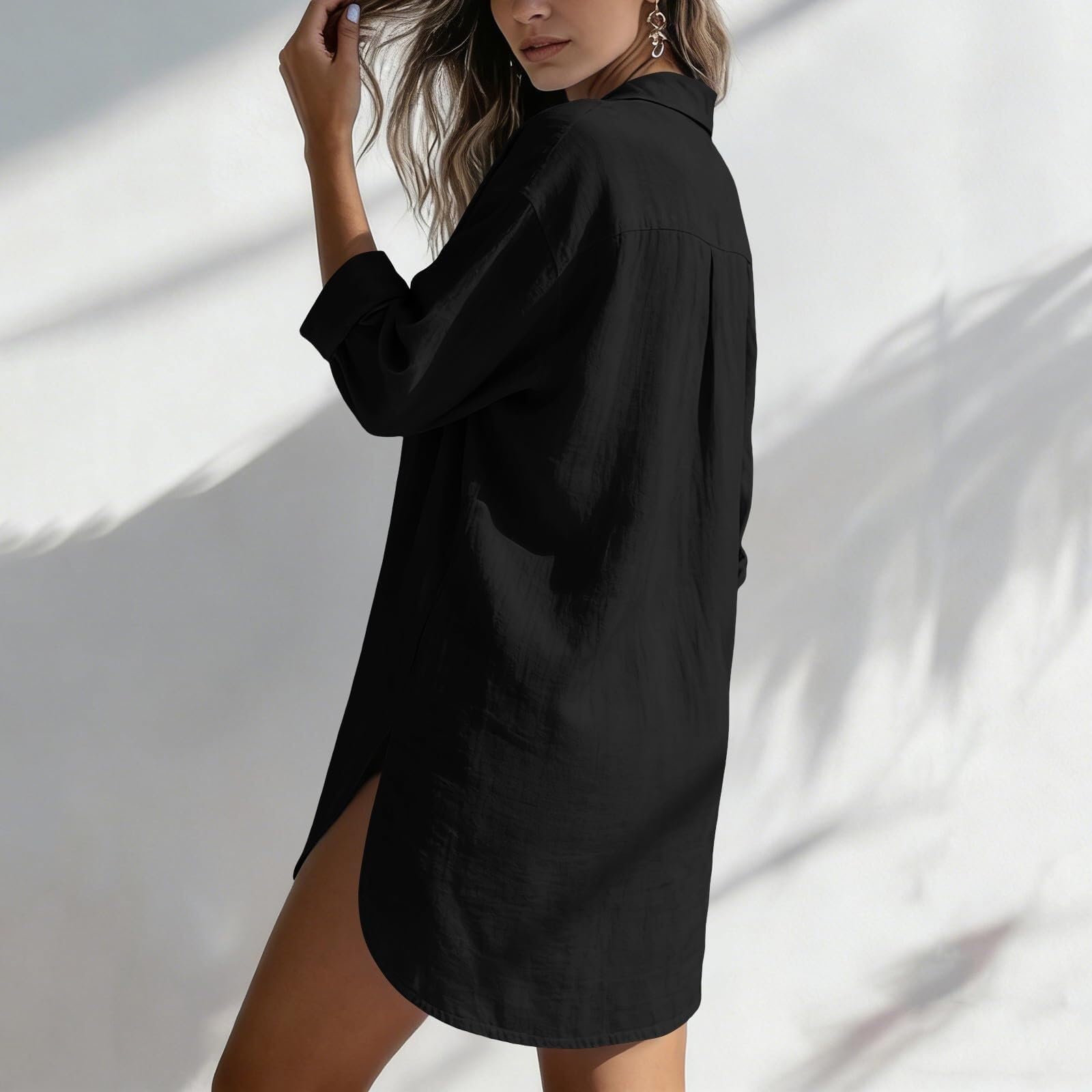 Camicetta da donna in mussola a maniche lunghe, in lino, con scollo a V | Materiale traspirante in cotone e lino, vestibilità comoda, versatile, elegante abbottonatura