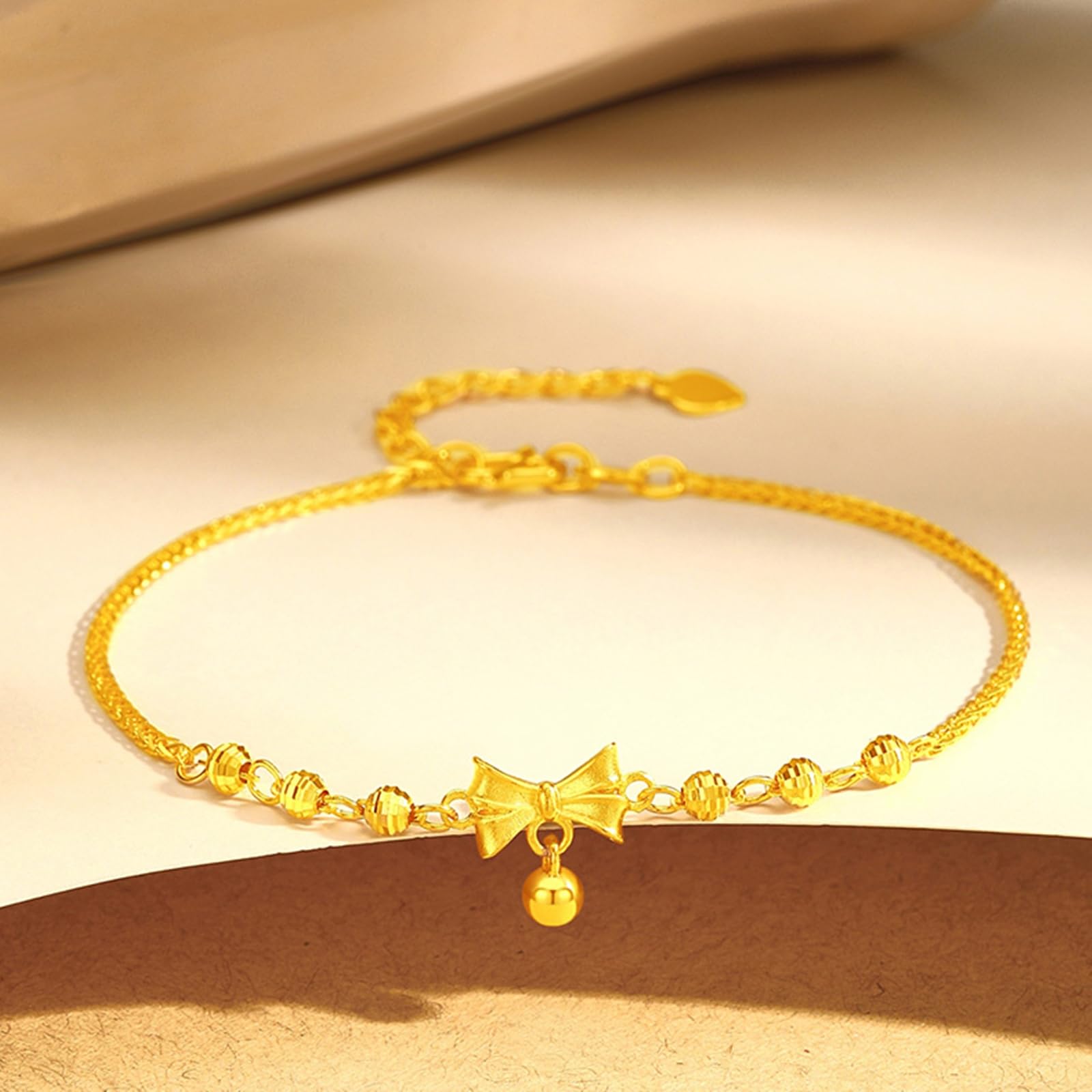 Bracciali in Oro Donna 18k/14k/9k, Bracciale a Catena con Fiocco E Perline 16-18 cm Estensione 4 cm, Braccialetto Sposa Fidanzati