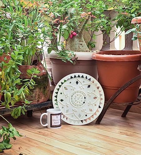Image of Ethnics of Kutch Traditional Kutch Handicraft Mud-Mirrorwork Lippan Kam Wall Art (Water and Break Resistant) - Square (12 inch x 12 inch) - (White - LKT-0241)