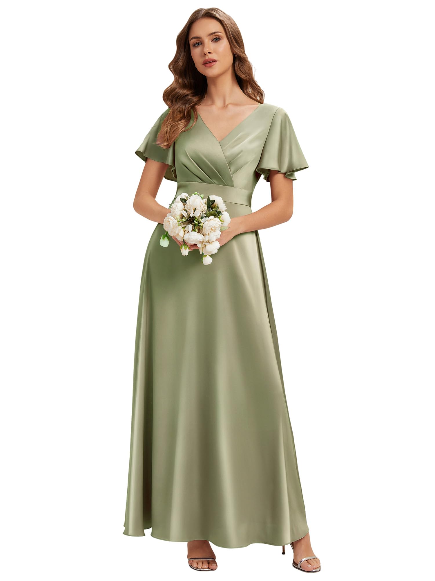 Ever-Pretty Abiti da Damigella Collo a V Maniche Corte Satin Maxi Gonna Svasata ES02710