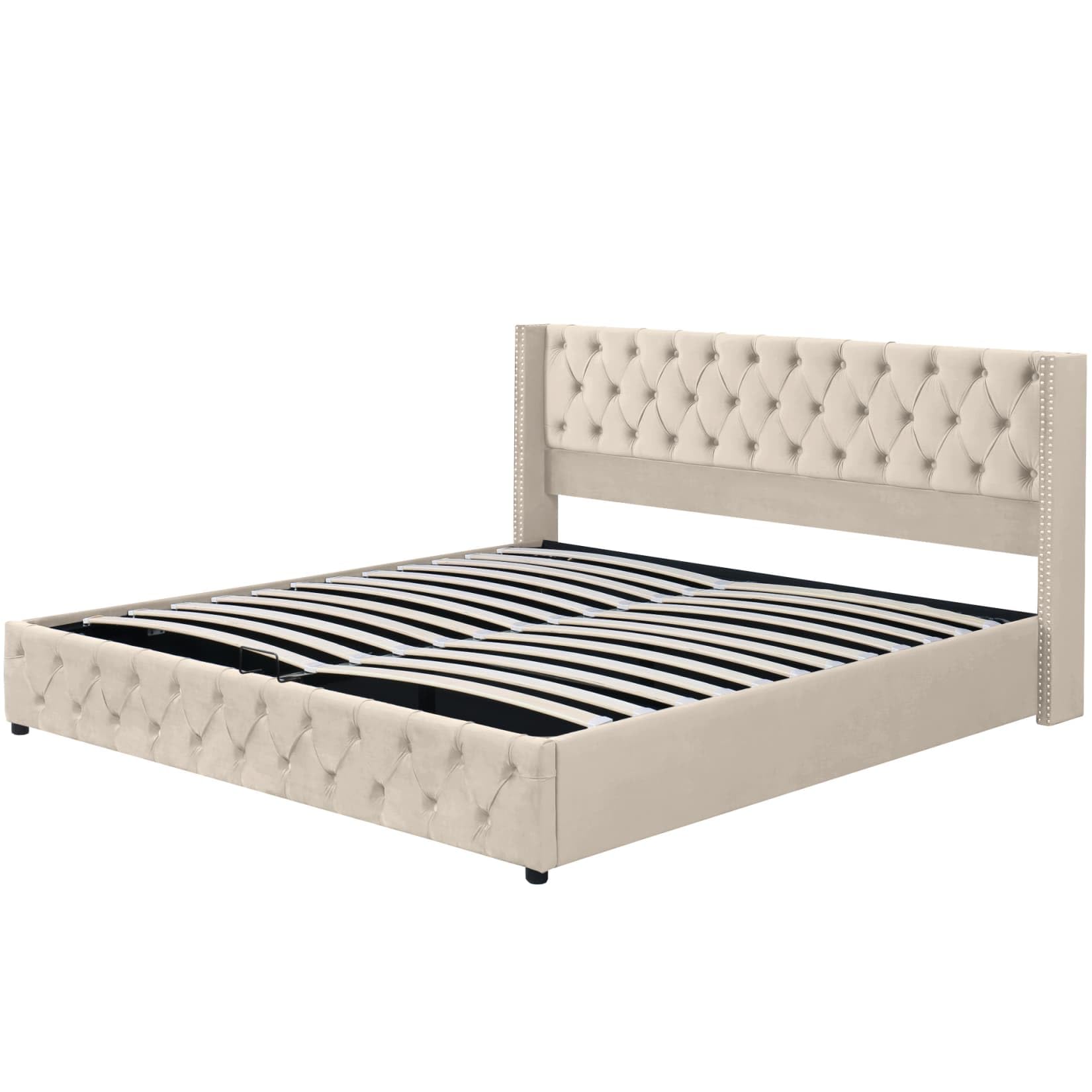 EURHCIO Lit Coffre 180x200cm,Lit Double avec Rangement,Tissu de Velours,Tête de Capitonné,Sommier à Lattes,Design Rivets et Coutures Boutons,sans Matelas (Beige, 180x200)