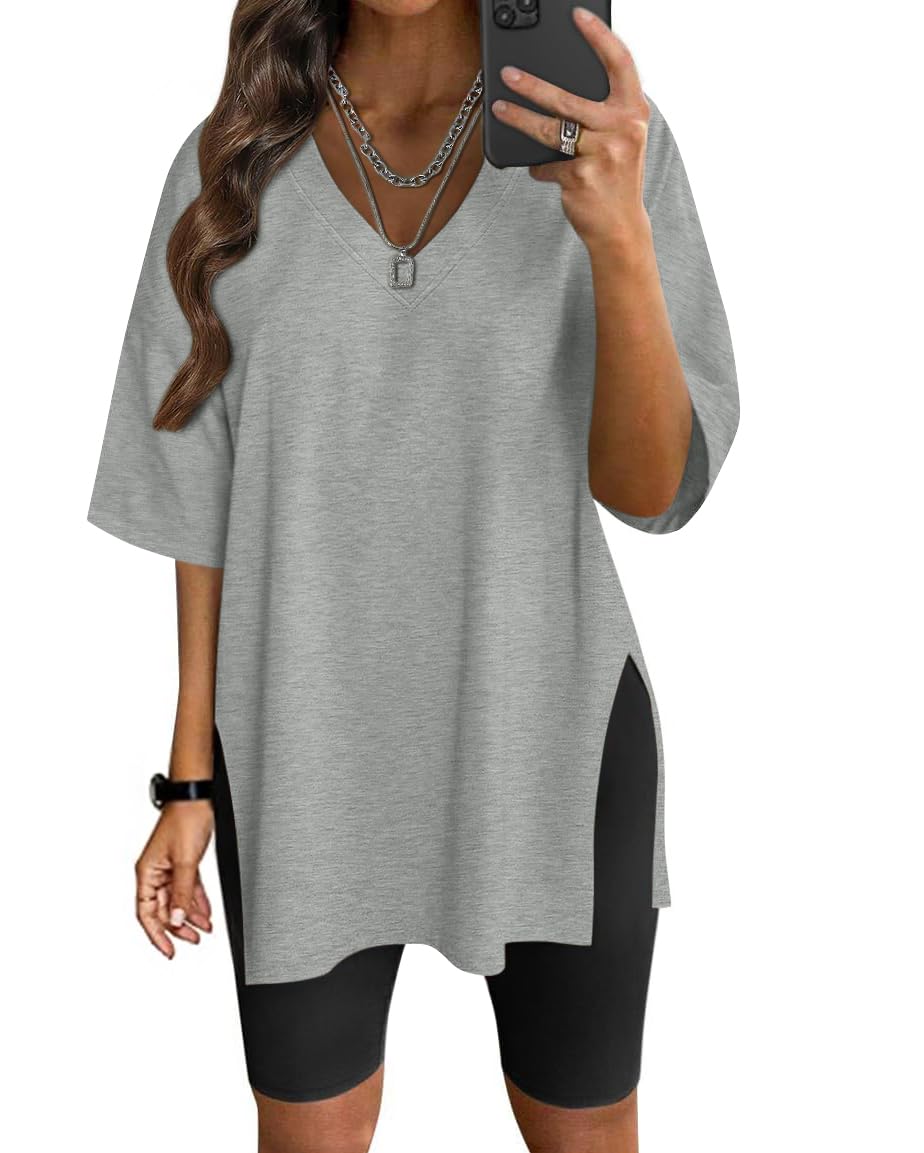 - Womens Oversized Workout T Shirts Short Sleeve V Neck Side Slit T-Shirt Summer Casual Basic Tee Tops Loose Fit