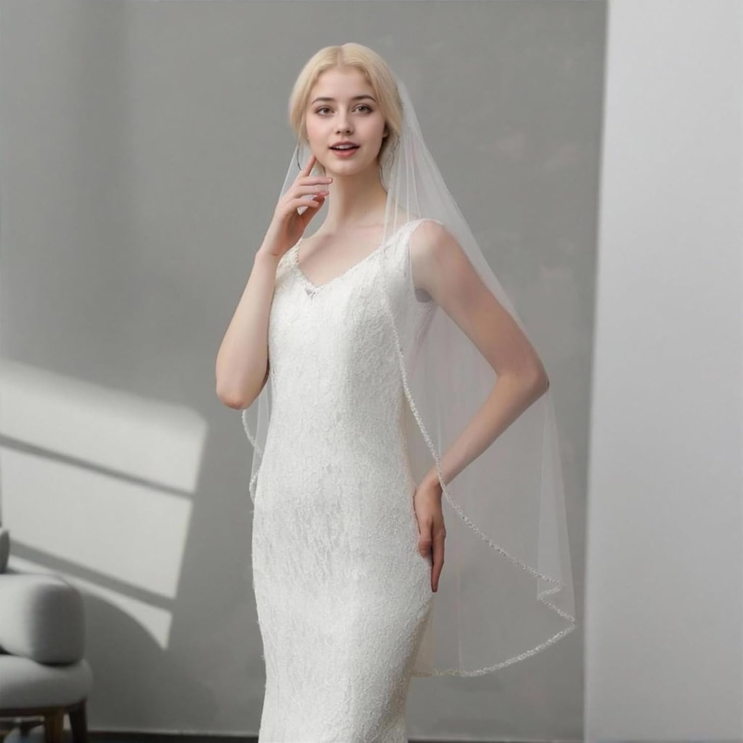 Wedding Veil Fingertip Length Bridal Veil Pearl Beaded Edge Wedding Veils with Comb - Image 2