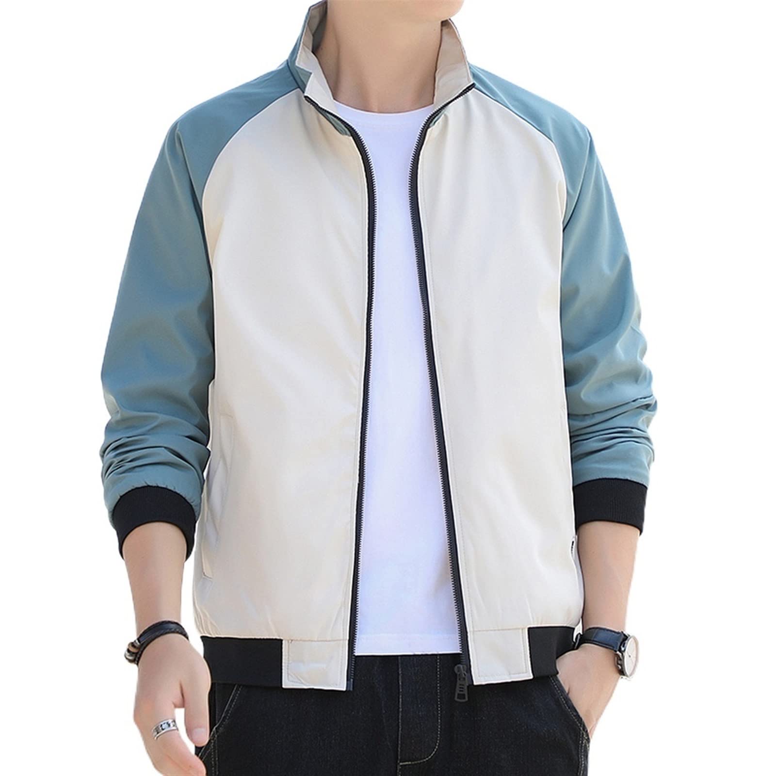 MELPHIMELPHI Men's jacket Korean Patchwork Jackets Lightweight Stand Collar Men Clothing Thin Fall Coats Men Streetwear Casual Jacket Men (Size : M)
