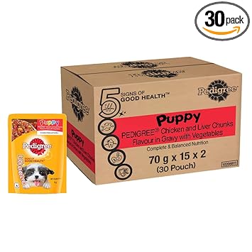 Pedigree Wet Food for Puppy, Chicken and Liver Chunks Flavour in Gravy with Vegetables, 30 Pouches (30 X 70 g)