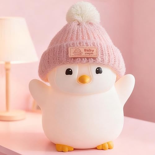 Miniatura 8 de Luz nocturna de pingüino, bonita lámpara de pingüino rosa con sombrero de punto, luz nocturna de silicona suave para bebé, recargable, regulable,