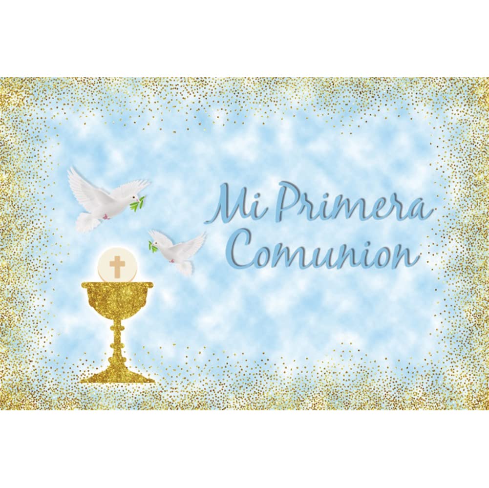 CSFOTO 4,5x3m Mi Primera Comunion Backdrop Doves First Holy Communion Baptism Photography Background Blue Gold Dots Christening Baby Shower Backdrops Photo Studio Props