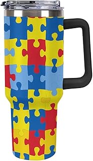 Taza de viaje de rompecabezas de concienciación sobre el autismo de color, vaso de 40 onzas, botella de agua, taza de café, taza de té, taza de coche, para mujeres y hombres
