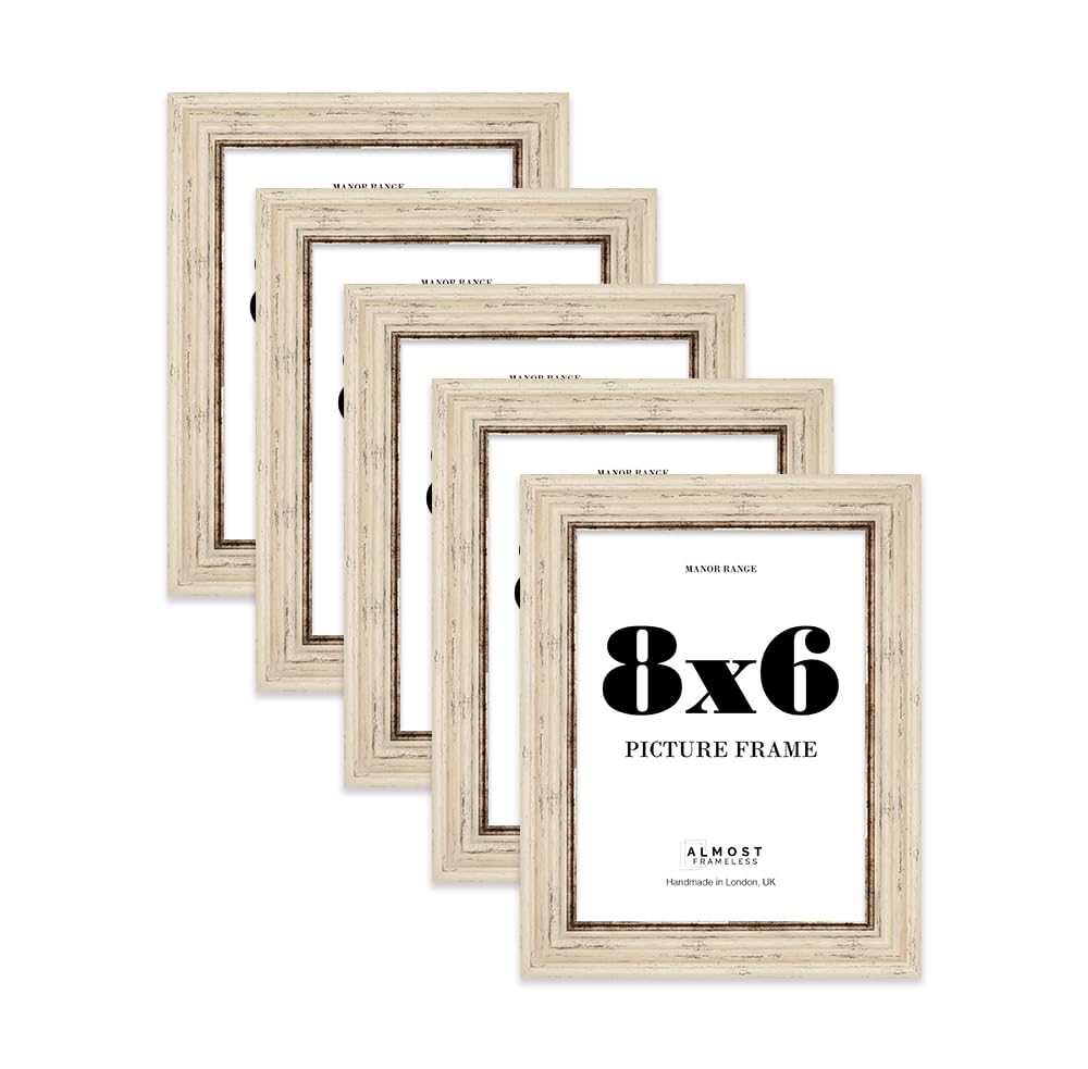 8x6 Picture Frame, Display 8x6 Pictures (20.3 x 15.2cm) - Distressed Cream Refined 42mm Edge Photo Display - 5 Pack