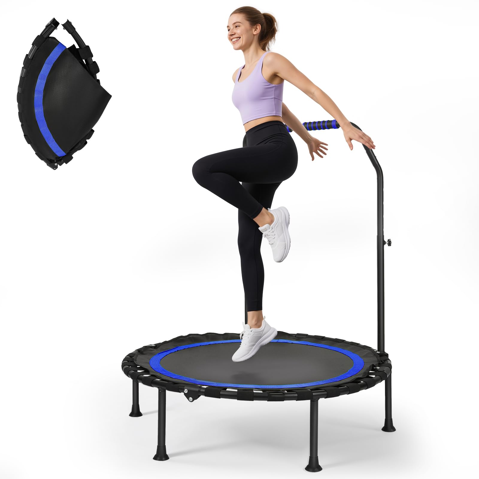 Fitness Trampoline, Portable 101 cm / 39.76 Inch Foldable Rebound Trampoline, Quiet Design, Load Capacity 100 kg, Adjustable Handle, 5-Level Height Adjustment, for Adult Home Training (Blue)