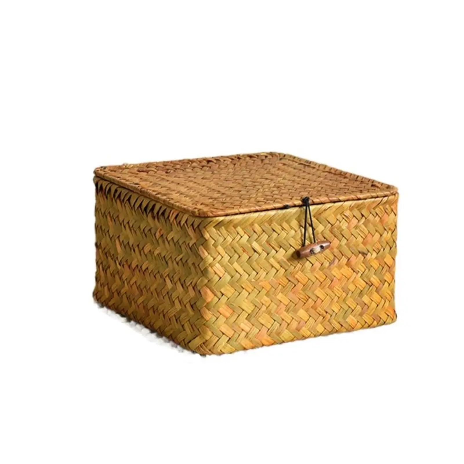Rattan Weaving Wicker Shelf Baskets Lid Rectangular Bin Handwoven Home Organizer Bedroom For Storage
