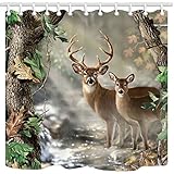 KOTOM TANSTAN Deer Decor,Waterproof Fabric Elk Foggy Forest Shower Curtain, Hooks Included, 71X71 in