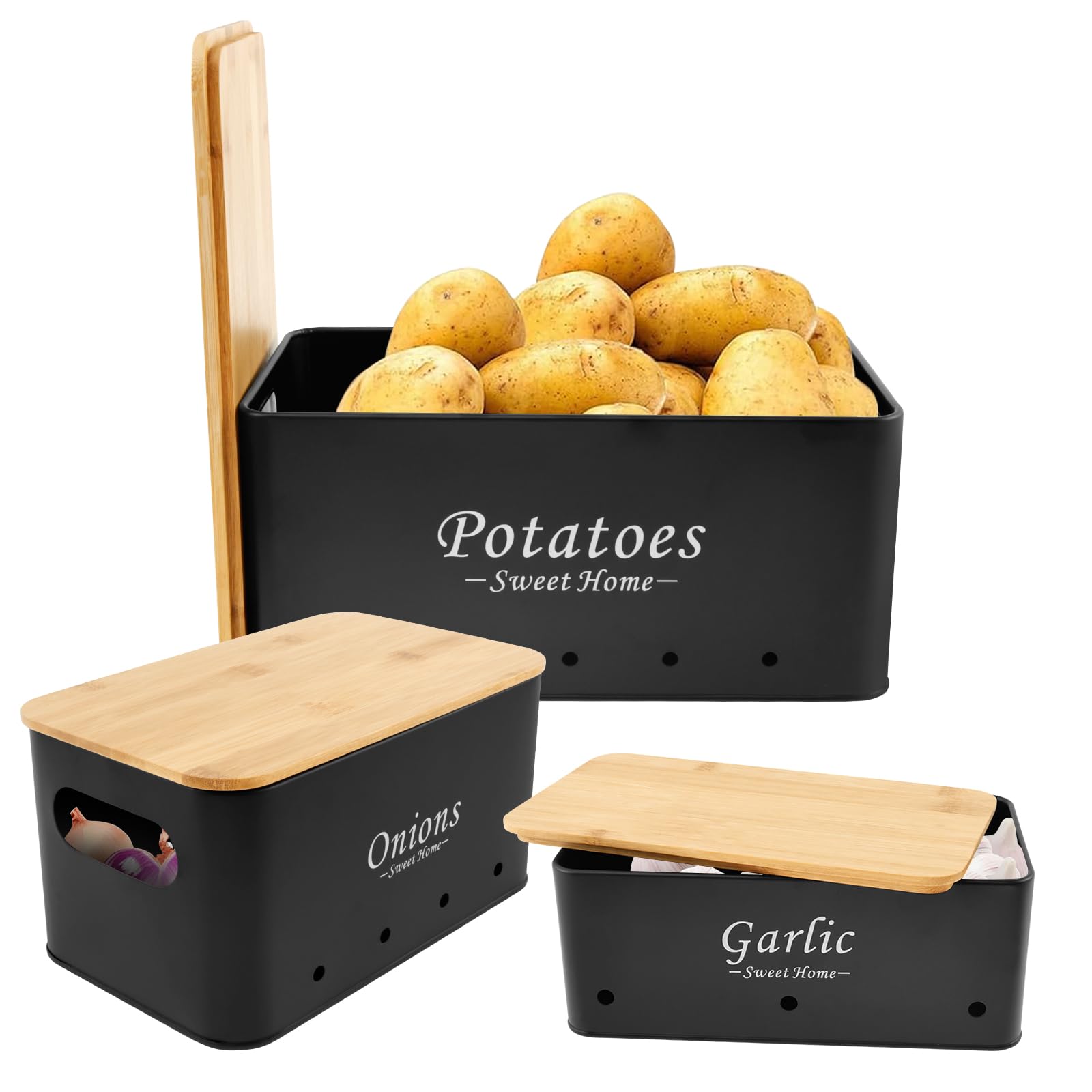 Wameitf Black 3Pcs Onion Storage Jars With Ventilation Hole, Carbon Steel Bamboo Potato Onion Garlic Jars, Stackable Vegetable Storage Containers For Maintain The Freshness Quality Vegetables (Black)