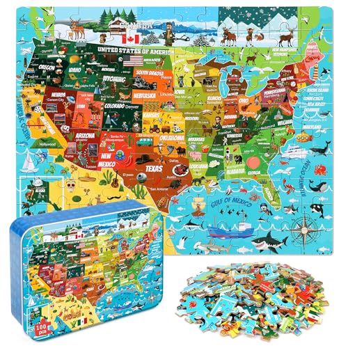 LELEMON United States Puzzles for Kids Ages 4-8,100 Pieces USA Animal Map Jigsaw Puzzles in a Metal Box,Fun America Map Learning Educational Toys for Boys Girls