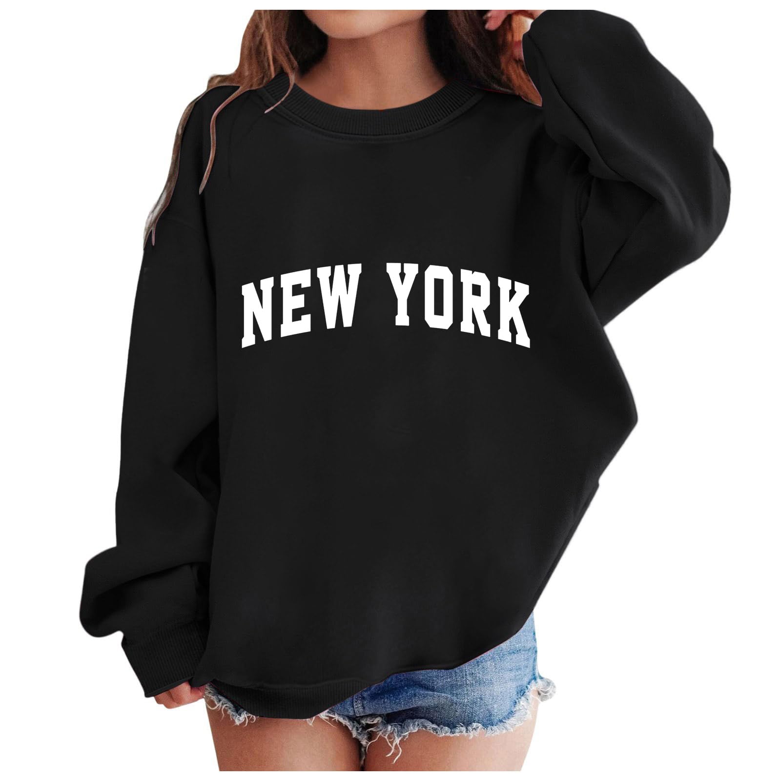 Bluzy dziewczęce Nowy Jork bluzy z kapturem dla dziewczynek nadruk litery bluza z kapturem z długim rękawem na co dzień luźny pulower topy dla 4-14 lat (B04-czarny, 5-6 lat)