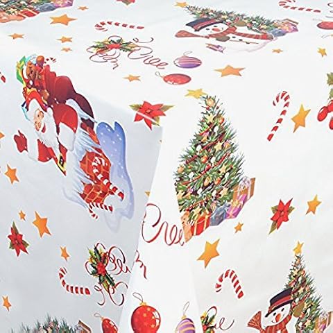PVC Tablecloth Christmas Eve White 3 Metres (300cm x 140cm), Snowman Santa Baubles Presents Xmas Tree Bells Holly Star, Off White Red Yellow Green Purple, Vinyl/Plastic Table Cloth Cover