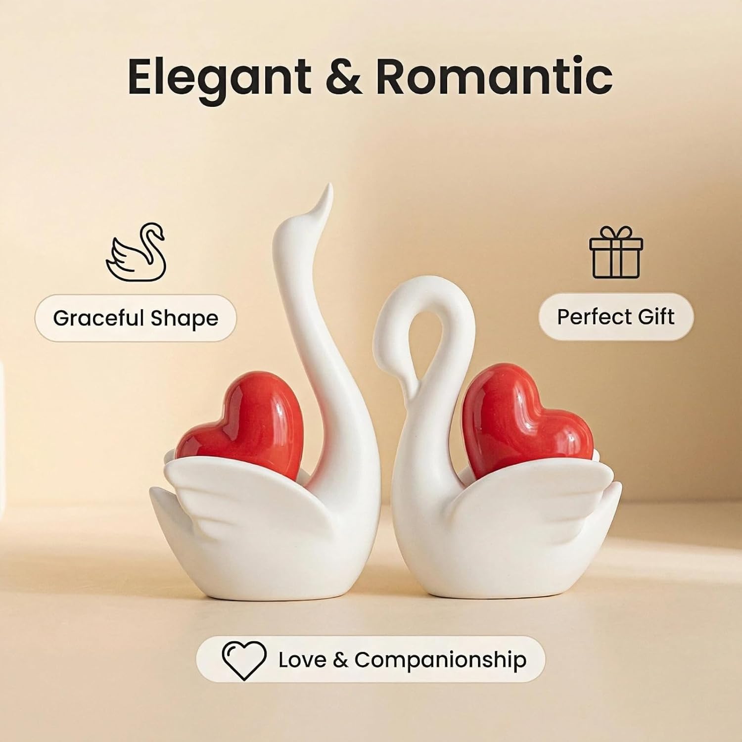 Haumei Ceramic Swan Couple Figurines, Romantic Home Decor, Decorative Sculptures for Living Room, Bedroom, Shelf | Valentine's Day Wedding (Set of 2) (White Swan with Red Heart) - Image 2