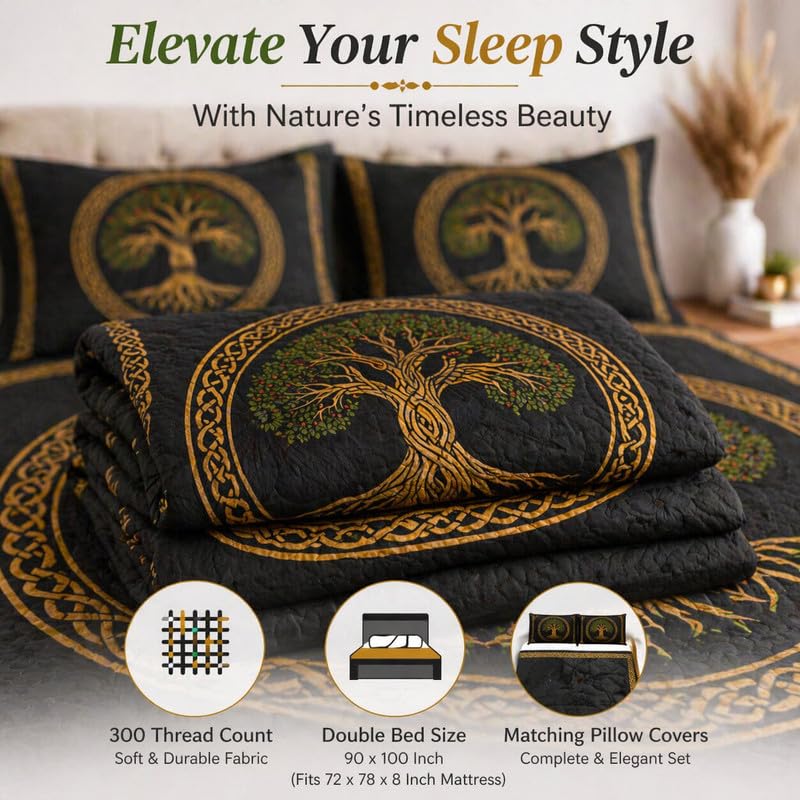 Image of Akshya Double Bedsheet King Size (90x100 Inch) with 2 Pillow Covers | 300 TC Microfiber Soft Bedsheet | Grey Tree Nature Printed Bedsheet for Double Bed