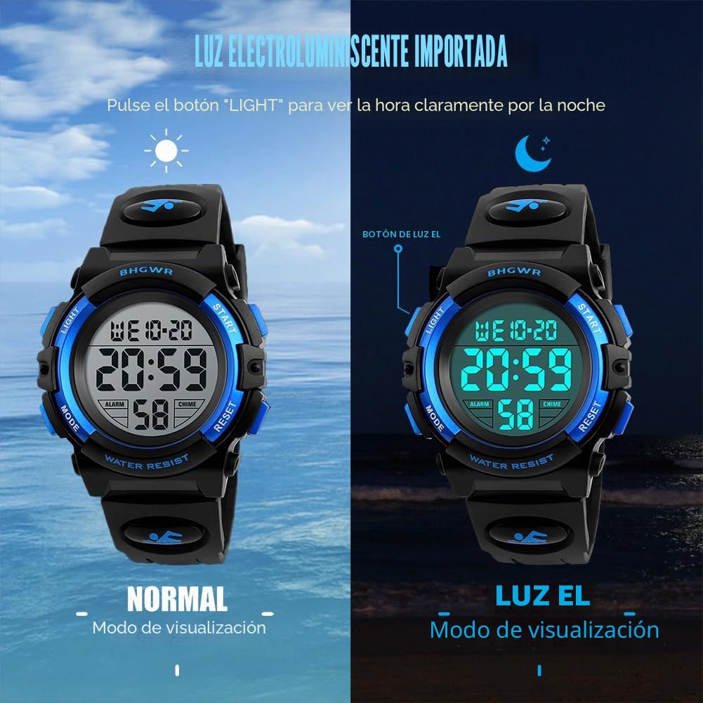 Relojes para niños, Relojes Deportivos para niños, 5 Relojes a Prueba de Agua con Alarma/Temporizador/luz, Reloj Azul para niño