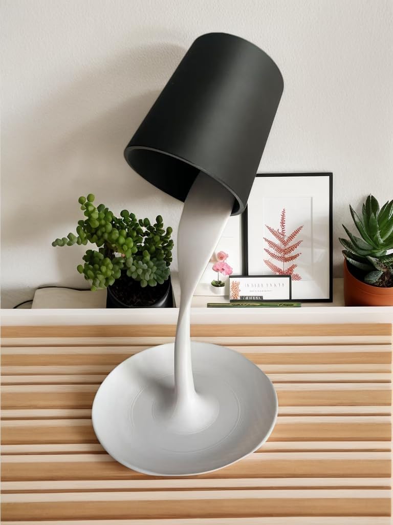 Wireless LED Pour Art Table Lamp & Tray - Spilled Coffee Night Light for Living Room & Bedroom, 3D Ambient Lighting, Coffee Lover Gift (Battery Powered, Cordless) (Black)