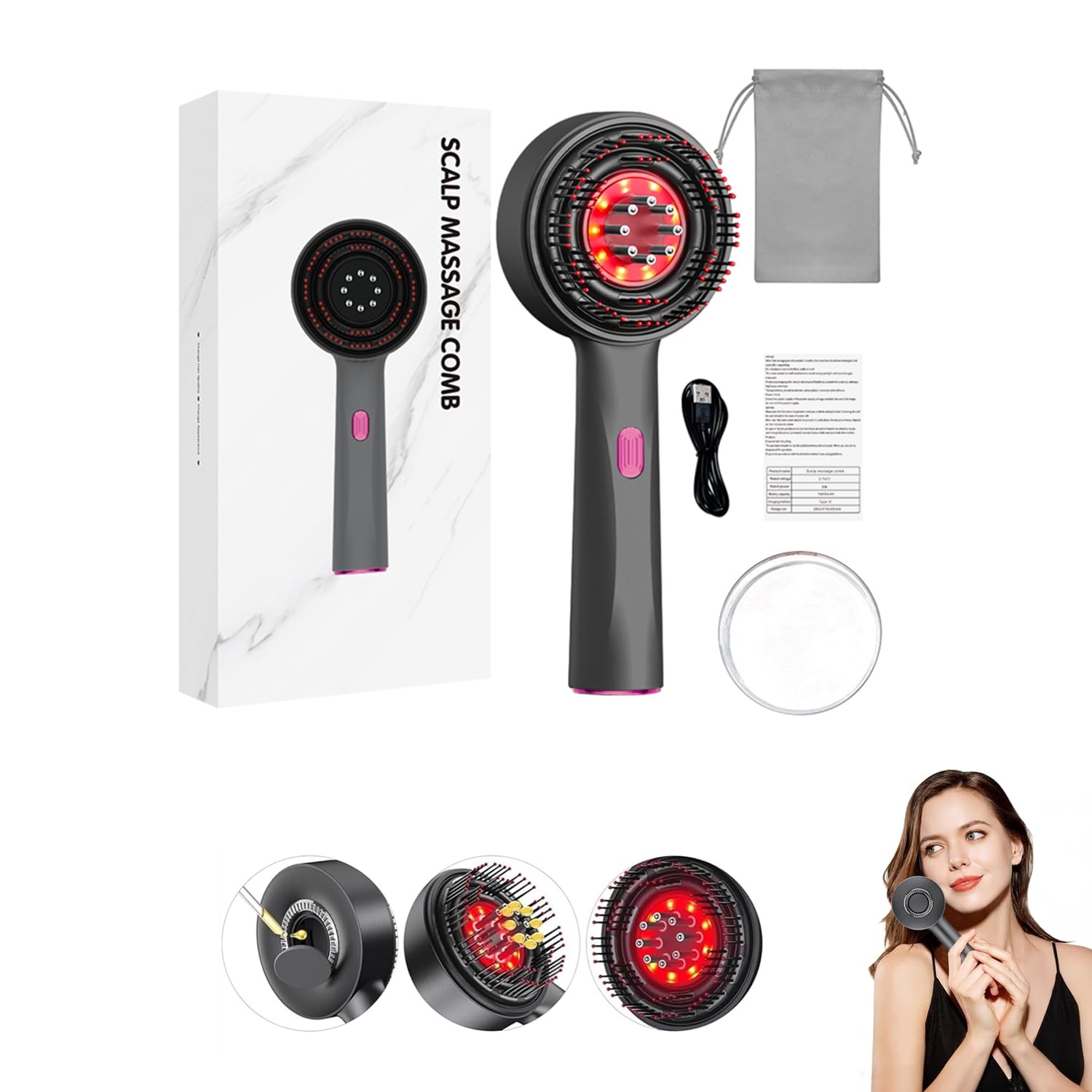 Beauenty 3 In 1 Electric Hair Oil Applicator Scalp Massager Comb,With Applicator Waterproof Head Scratcher Scalp Massager,Red Light Scalp Massager Brush for Hair Growth,IPX7 Waterproof Oil Dispenser grey