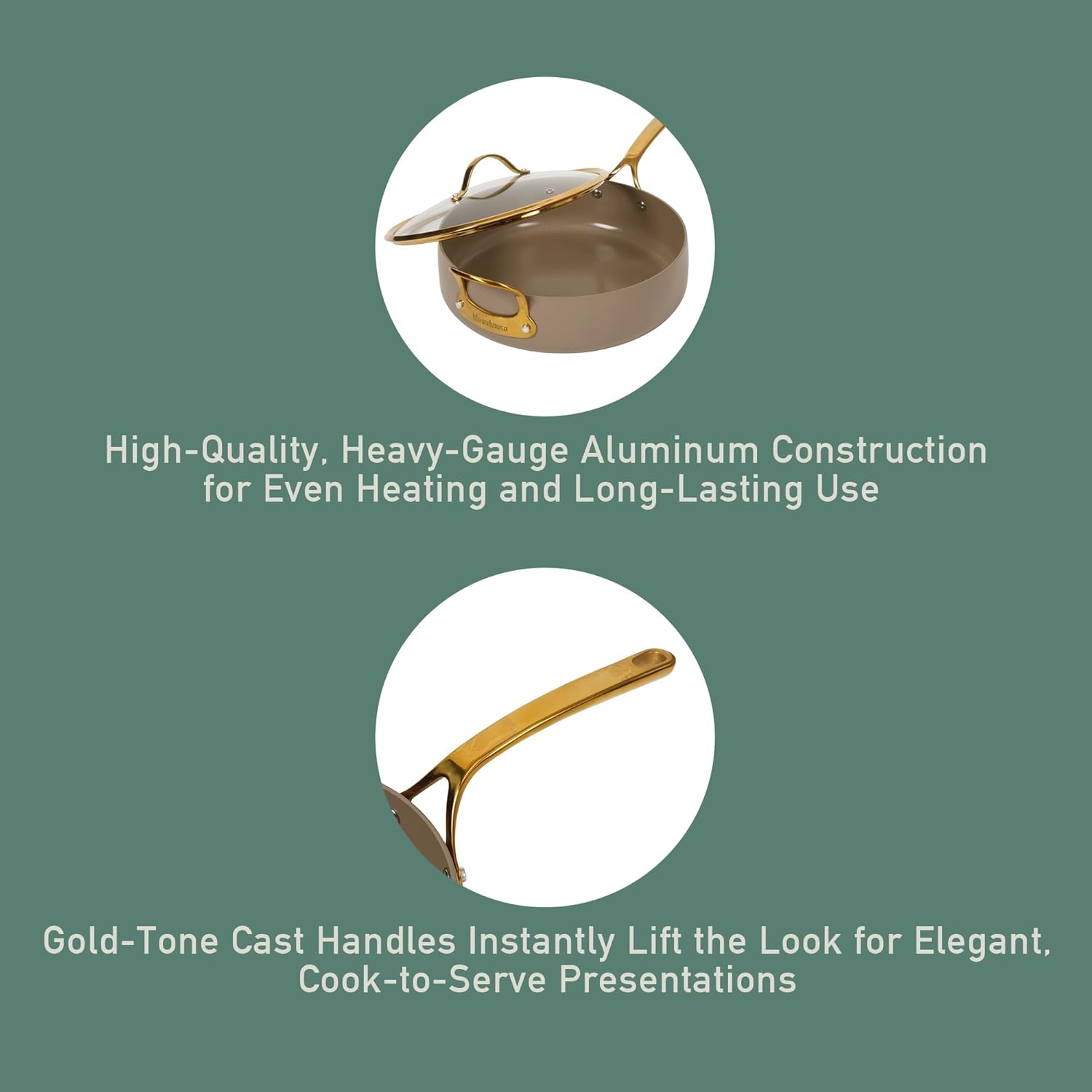 Bloomhouse - Two Time Oprah's Favorite Things Winner - 6 QT Heavy Duty Aluminum Premium PFA Free Ceramic Nonstick Saute/Deep Frying Pan Skillet with Lid - Cappuccino Cream with Gold Handle - Image 3