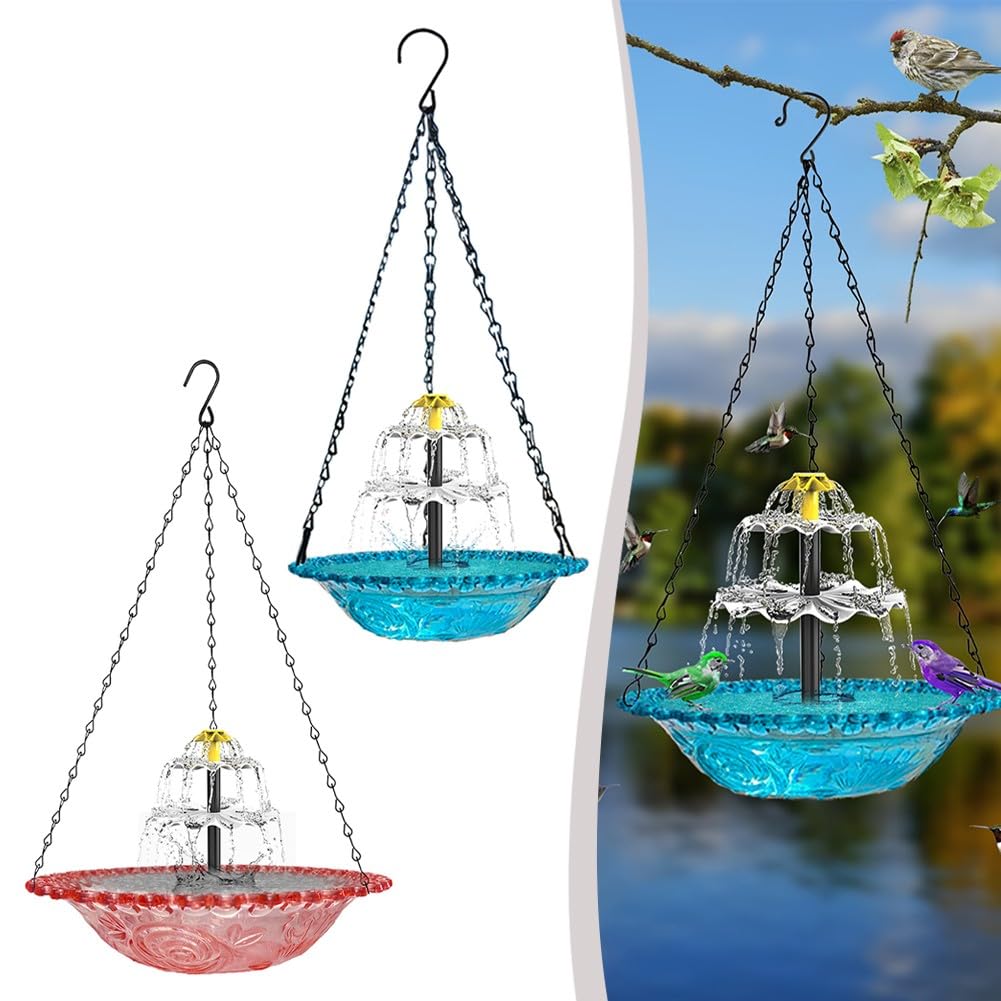 Baño solar para pájaros y comedero colgante azul para exterior y jardín