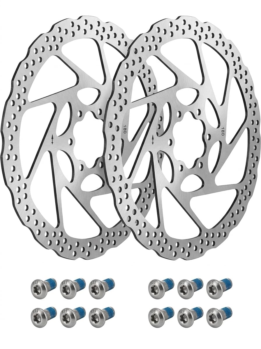 180mm Stainless Steel Bike Disc Brake Rotors, 2 Pack, 6-Bolt Mount, with 12 Mounting Bolts, for MTB Road BMX E-Bike