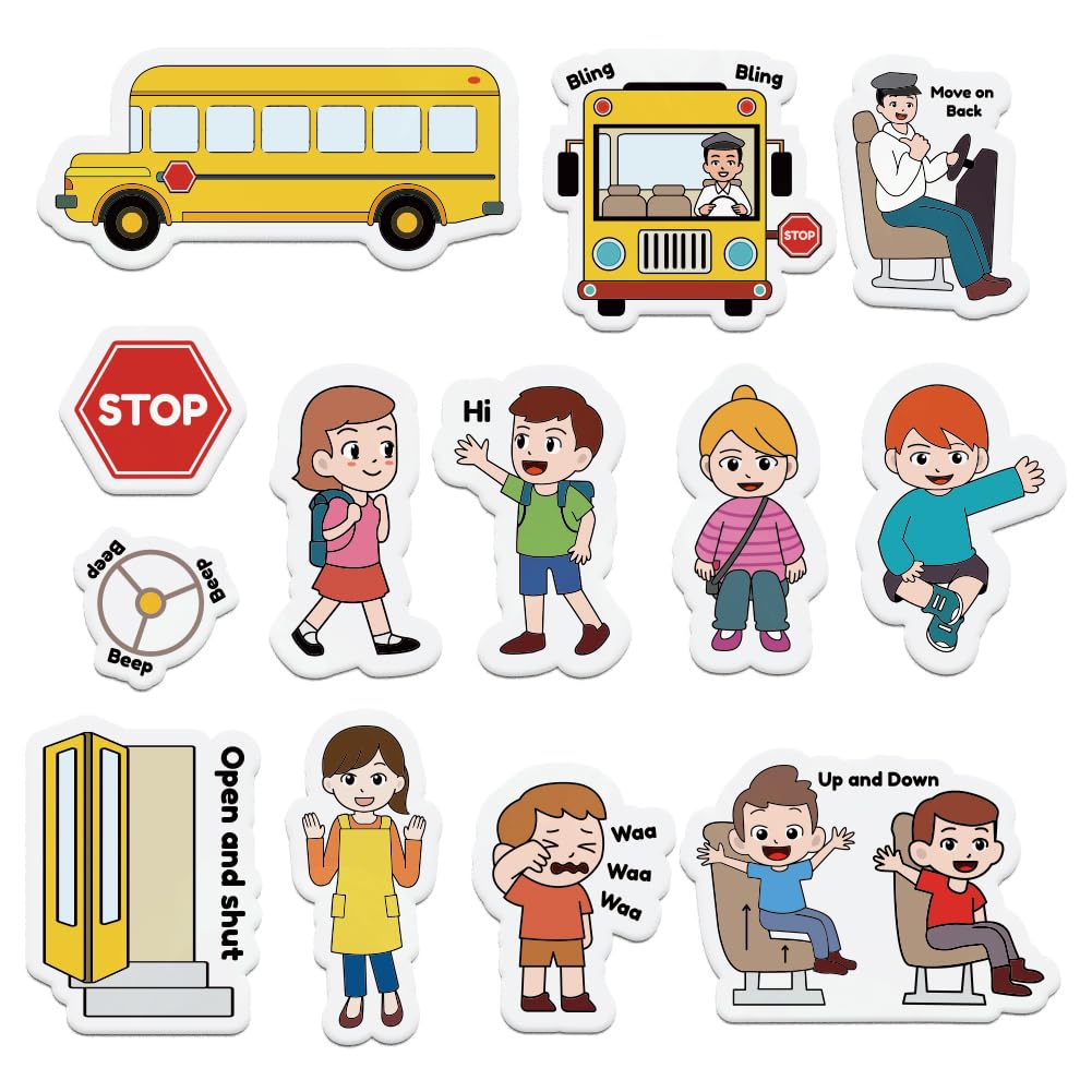 BEUNITONE Preschool Felt Storyboard for Them 13 Pcs School Buses and Family Greatal Teaching Felt Storyboard for Them Flannel Early Interactive Play Kit Interactive Wall Activity for Family