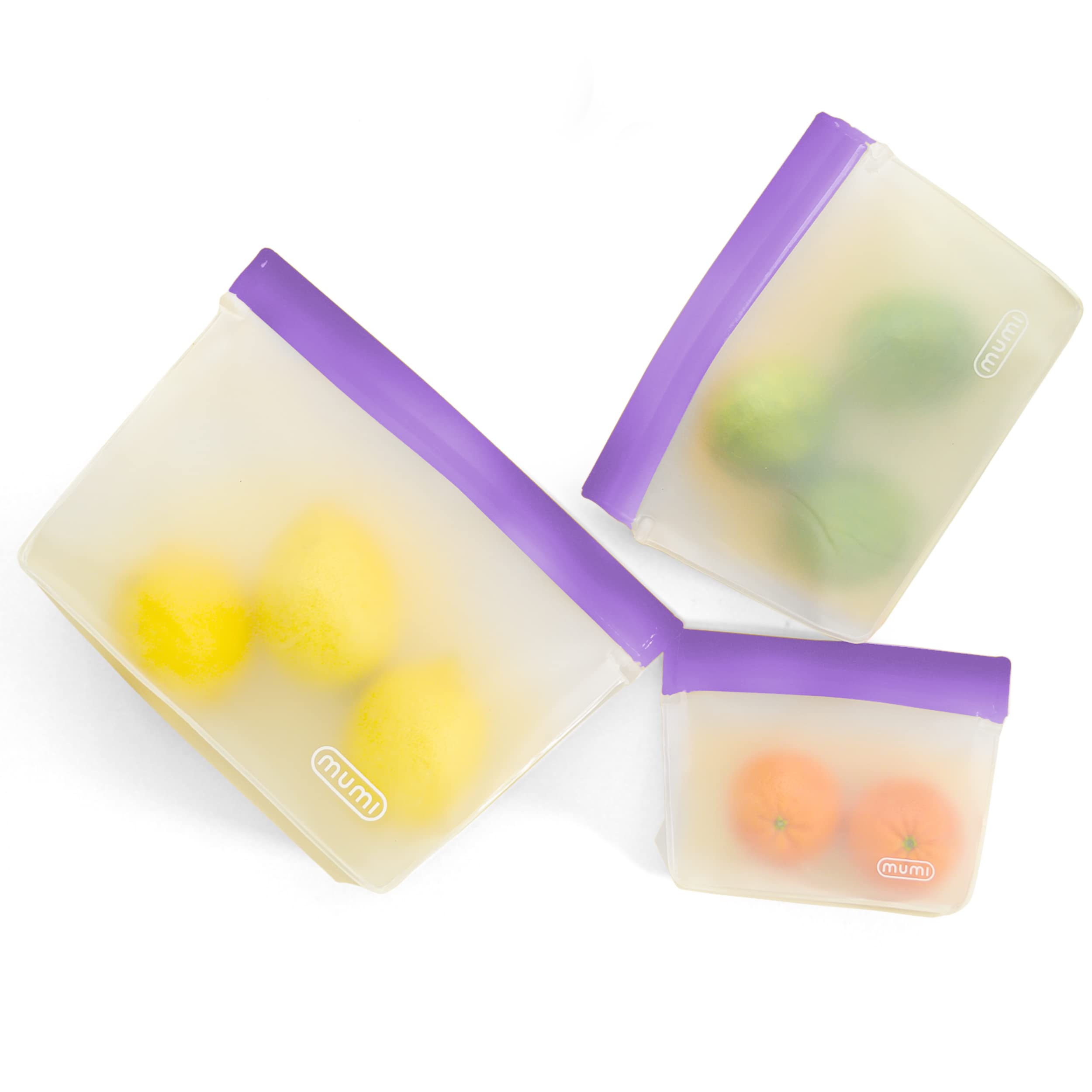 mumi Reusable Zip Up Bags | Use for Snacks, Travel, Organization | Expandable Base | Airtight and Leak-proof Seal | Set of 3 Reusable Bags (10 x 7, 8 x 5, 6 x 4 inches) (Purple)
