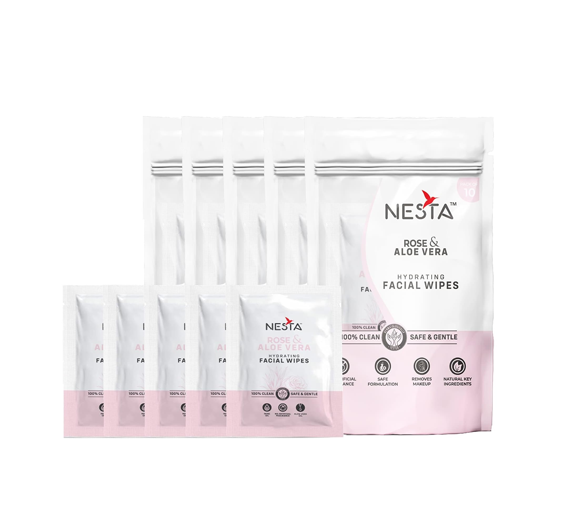 Nesta Natural Hydrating Rose & Aloe Vera Soft Face Wet Wipes | Clears Dirt, Gives Fresh & Glowing Skin | Alcohol Paraben Silicon Free, (5 Packets x 10 Wipes = 50 Wipes)