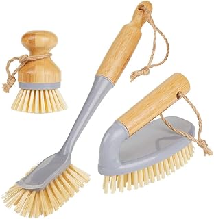 mDesign brosse vaisselle en bambou (lot de 3) – accessoire vaisselle rond et long pour laver les casseroles, poëles, assiettes et couverts – brosse nettoyage résistante – gris/couleur nature