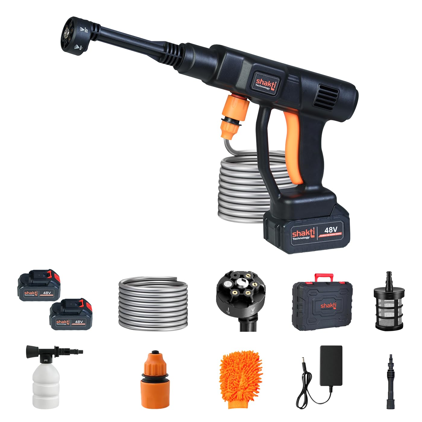 Shakti Technology CP-02 Cordless Portable 48V Wireless Pressure Washer Gun - 12000mAh High Pressure Water Gun for Car and Bike Wash, Adjustable 6 in 1 Nozzle, 5M Hose Pipe, Double Battery Included-image-21