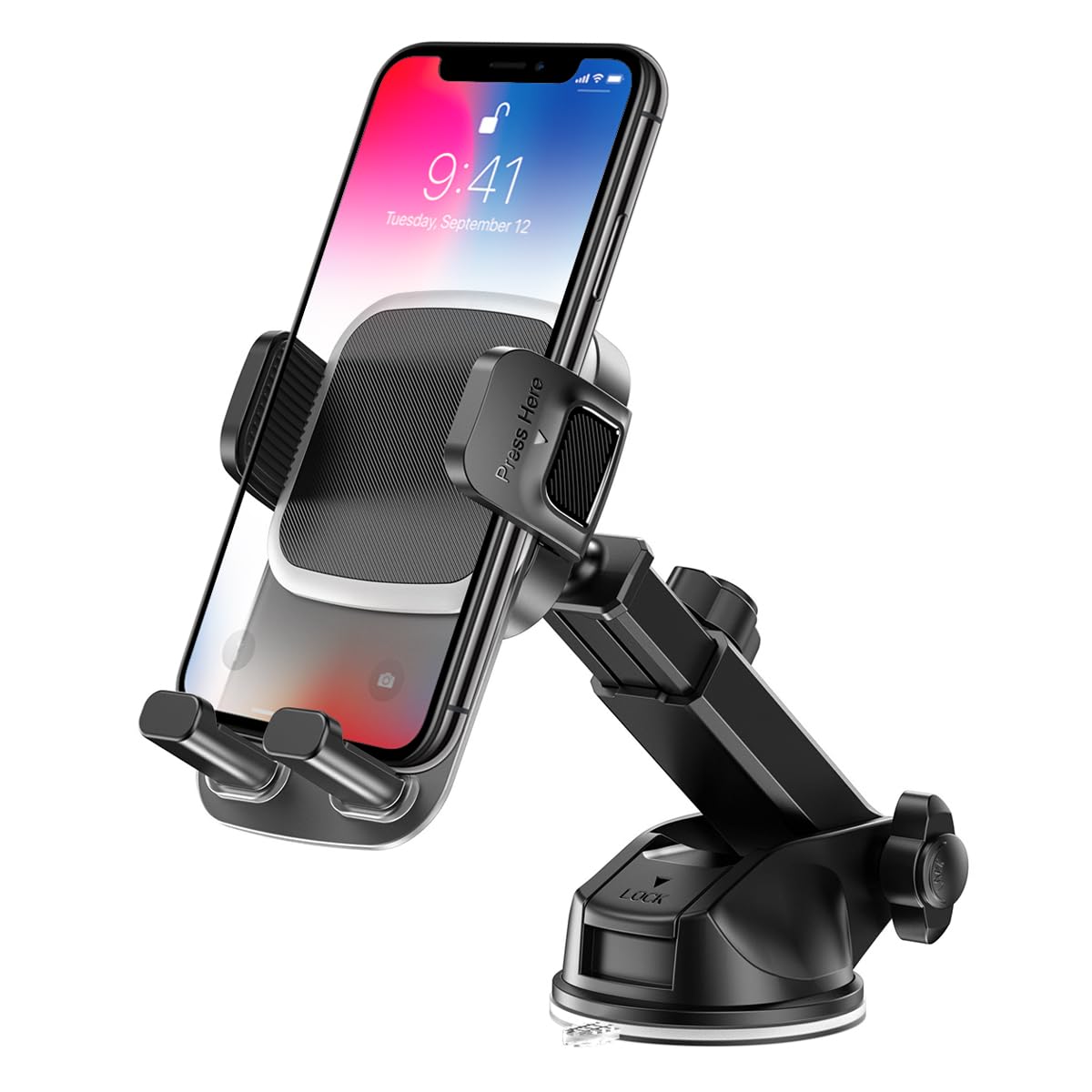 Zpana Supporto per telefono da auto, regolabile a 360° per cruscotto e parabrezza con base a ventosa e braccio telescopico, accessori per smartphone per auto, misura universale