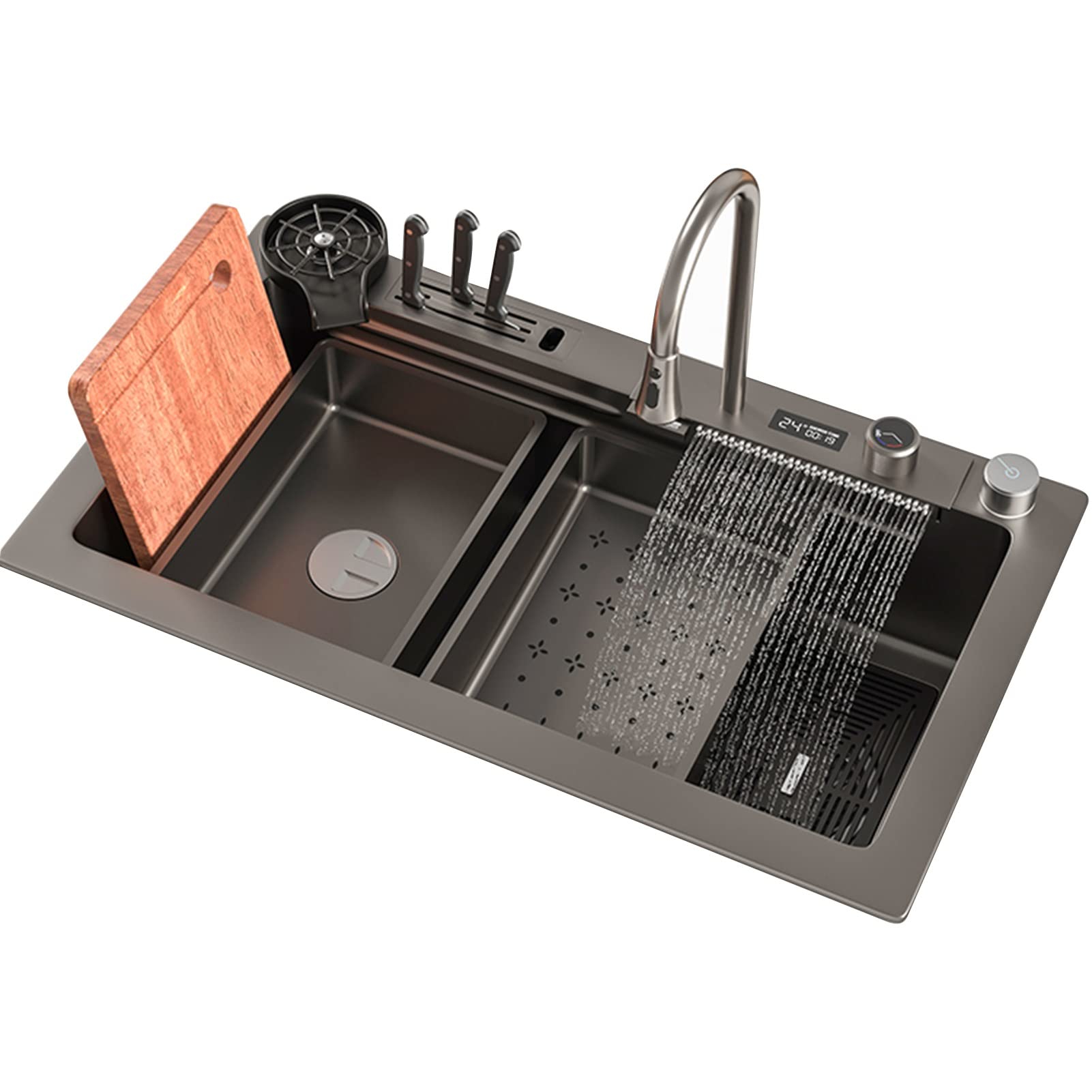 SDdPulse Waterfall Kitchen Sink,Black Nano Waterfall Sink,32Inch Single Bowl Stainless Steel Kitchen Sink,Drop-in Kitchen Sink with Accessories,Black-80x45x22CM