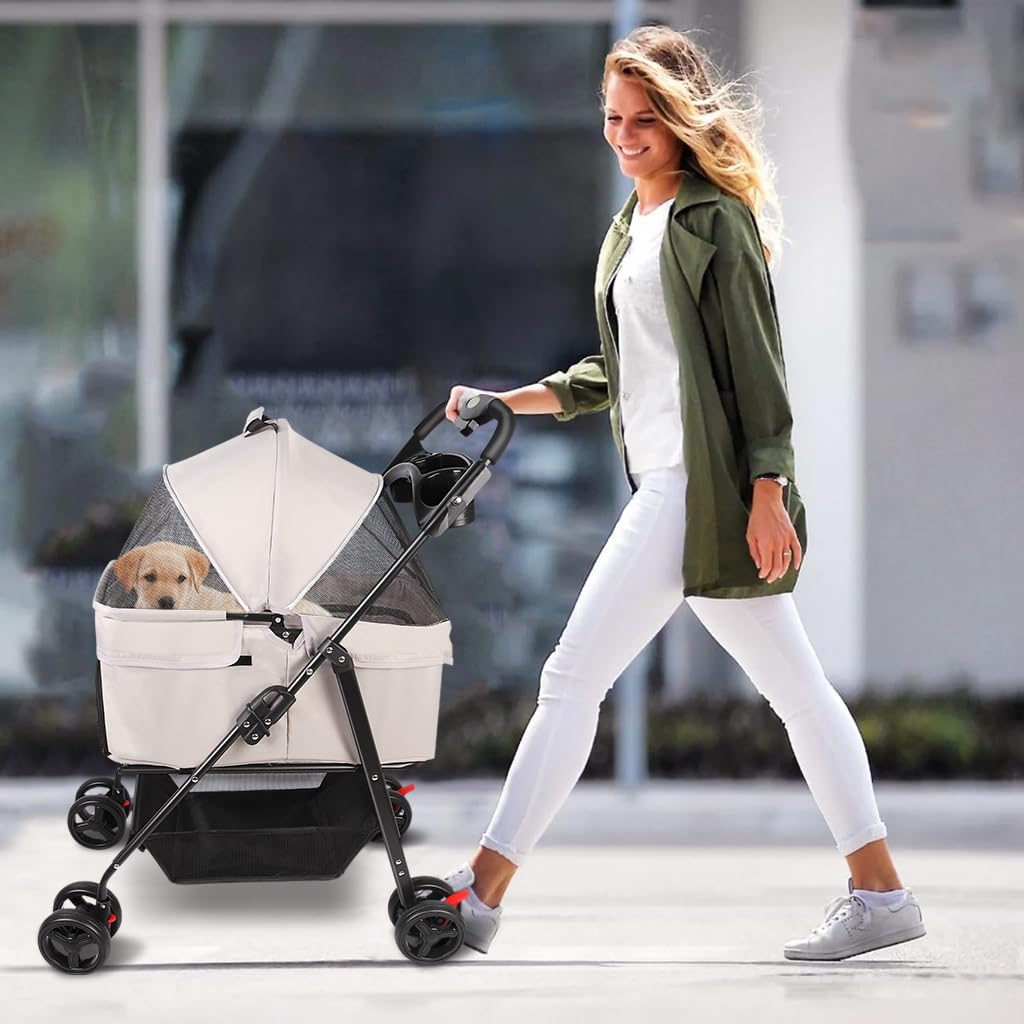 Passeggino per cani 3 in 1, pieghevole, cestino portaoggetti, ruote resistenti all'usura a 360 gradi, finestra in rete, passeggino per cani e gatti, fino a 10 kg (grigio (staccabile), 50 x 65 x 99 cm)