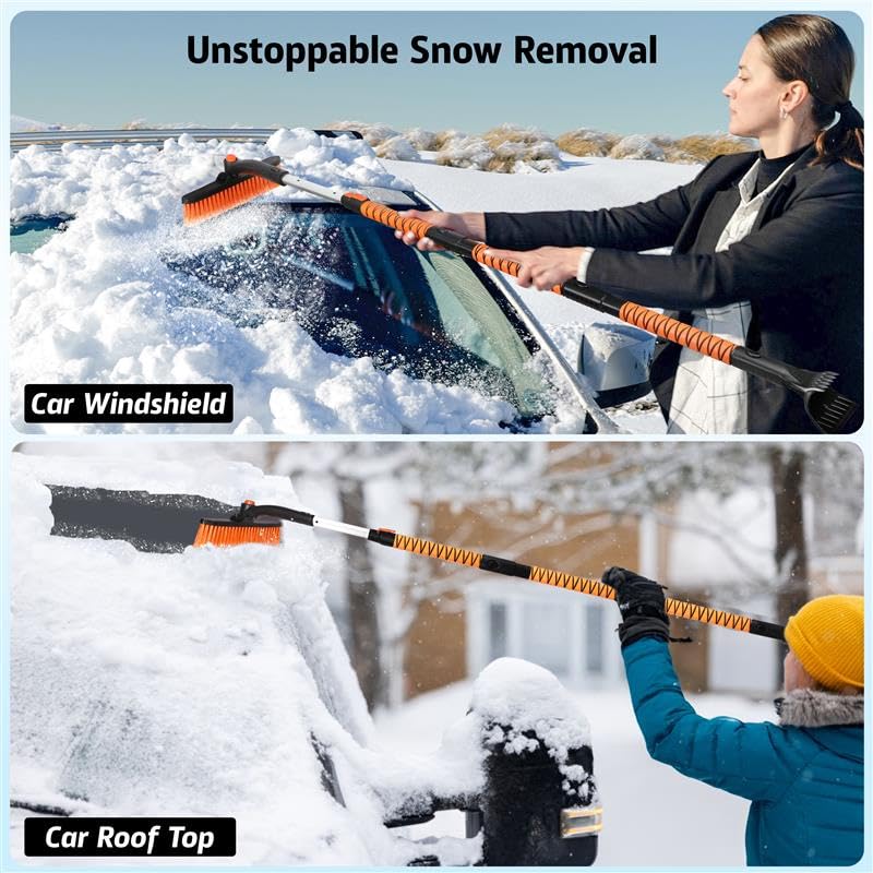 Image of EcoNour 63 inch Extendable Snow Brush & Ice Scraper with 360 Pivoting Head | | Telescopic Aluminum Handle | Extra Long Snow Brush for Car Windshield, Roof & SUVs | Heavy Duty Ice Scraper for Trucks