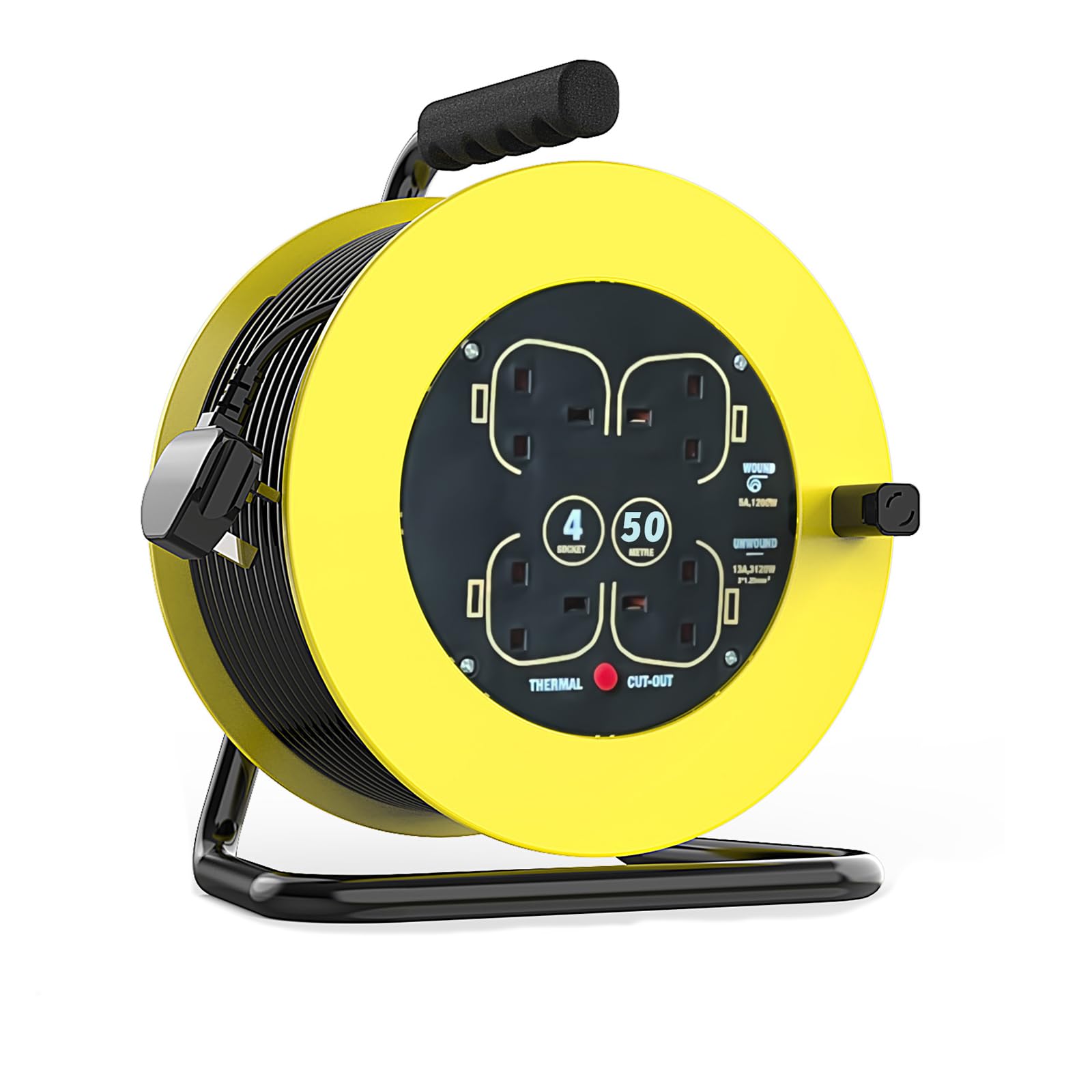 4 Way 50 Meters Cable Extension Cord Reel,13A Electrical Extension Reel,50m Outdoor Extension Lead,Extension Lead Garden Outdoor