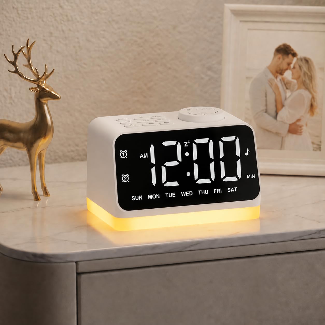JALL Digital Alarm Clock with FM Radio for Bedroom, 8 Colors Night Light with Charging Port, Sleep Sound Machines with Timer, Dual Alarm (White with White Font)