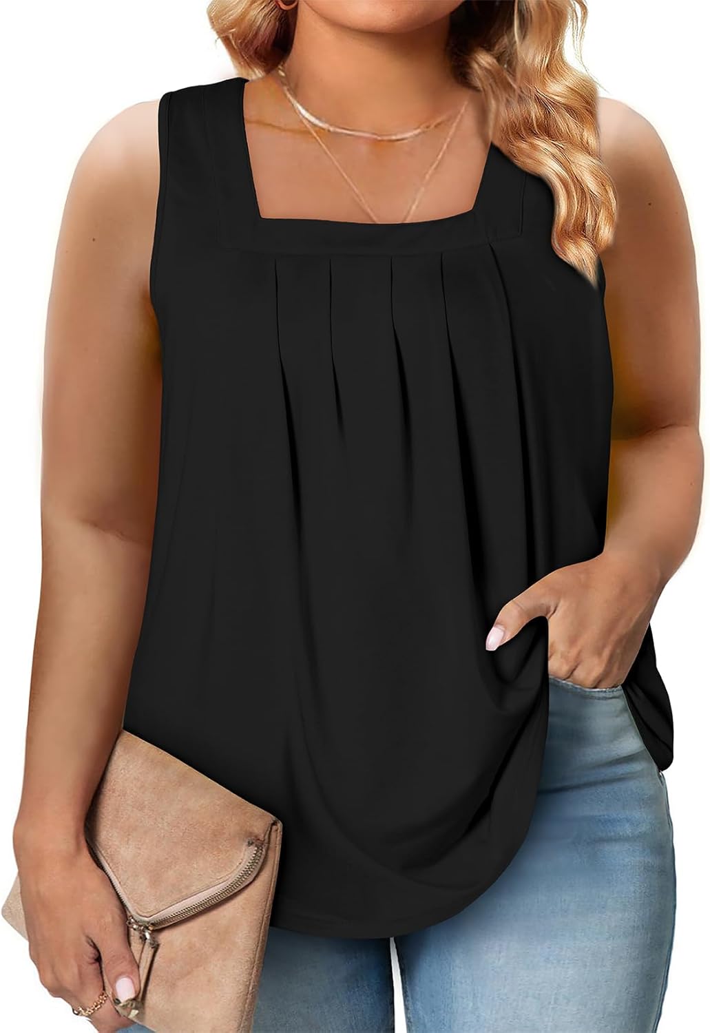Eytino Women Plus Size Tank Tops Summer Casual Square Neck Sleeveless Blouse Shirts(1X-5X)