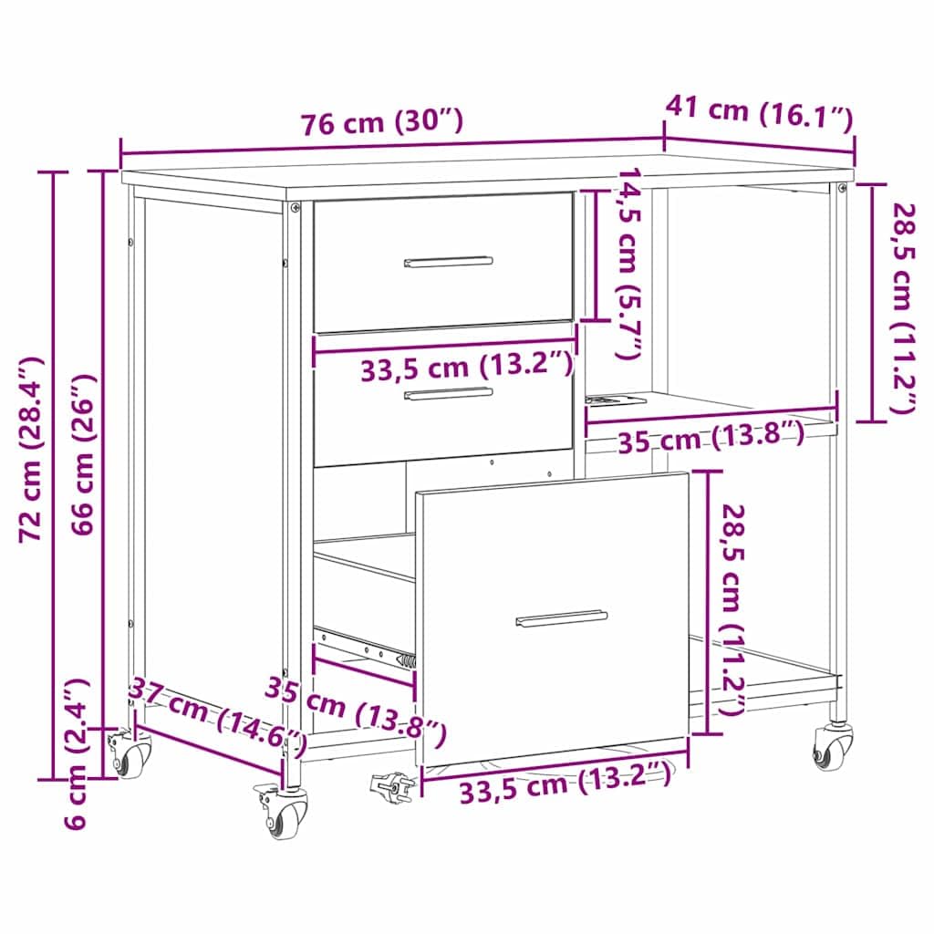 vidaXL Schrank mit Ladestation Mit Rad Sonoma-Eiche 76 x 41 x 72 cm, Moderner Büroschrank, rechteckig, mit Ladefunktion, Holz, praktische Lösungen fürs Arbeiten