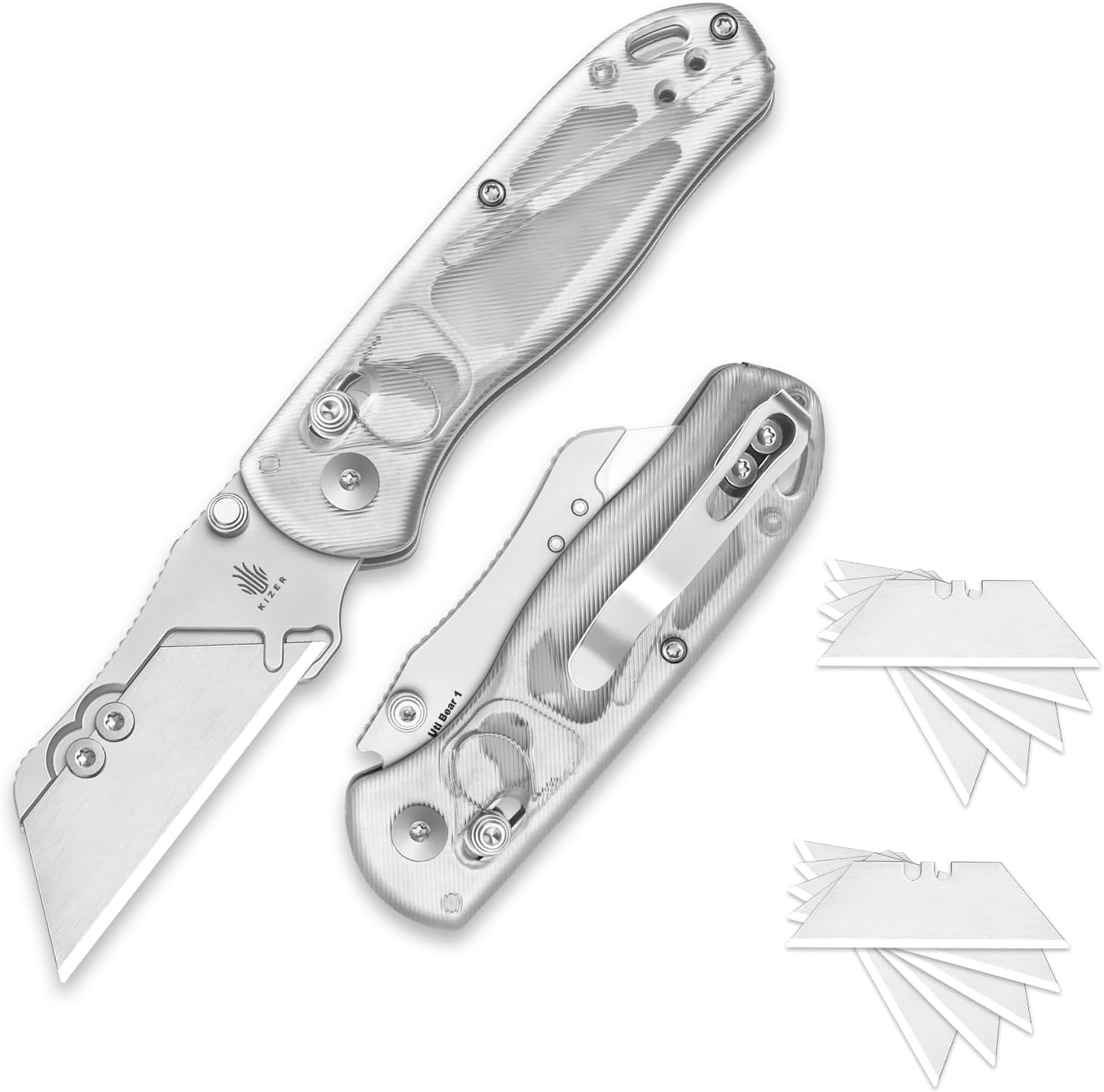 Kizer Drop Bear(Dual-screw Version) Folding Utility Knife, Clutch Lock Box Cutter EDC Pocket knife with 10PCS Razor Blades, Pocket Knives with Pocket Clip for Men Women V3619JA5