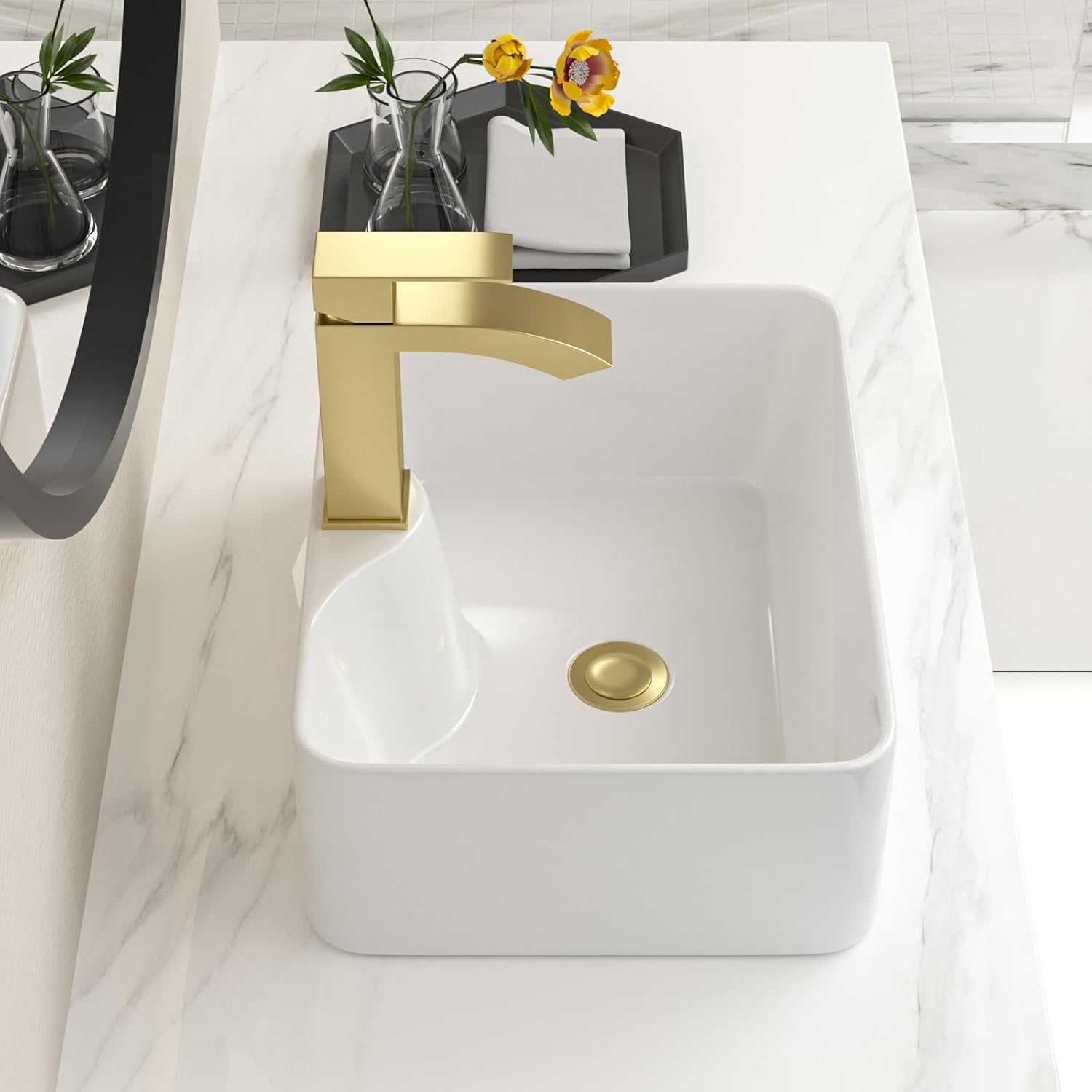 Bathroom Vessel Sink 16" x 12" Rectangle Vessel Sink With Gold Faucet And Gold Drain Combo Bowl Sink Bathroom Sinks Countertop Rectangular White Farmhouse Lavatory Vanity Sink Basin