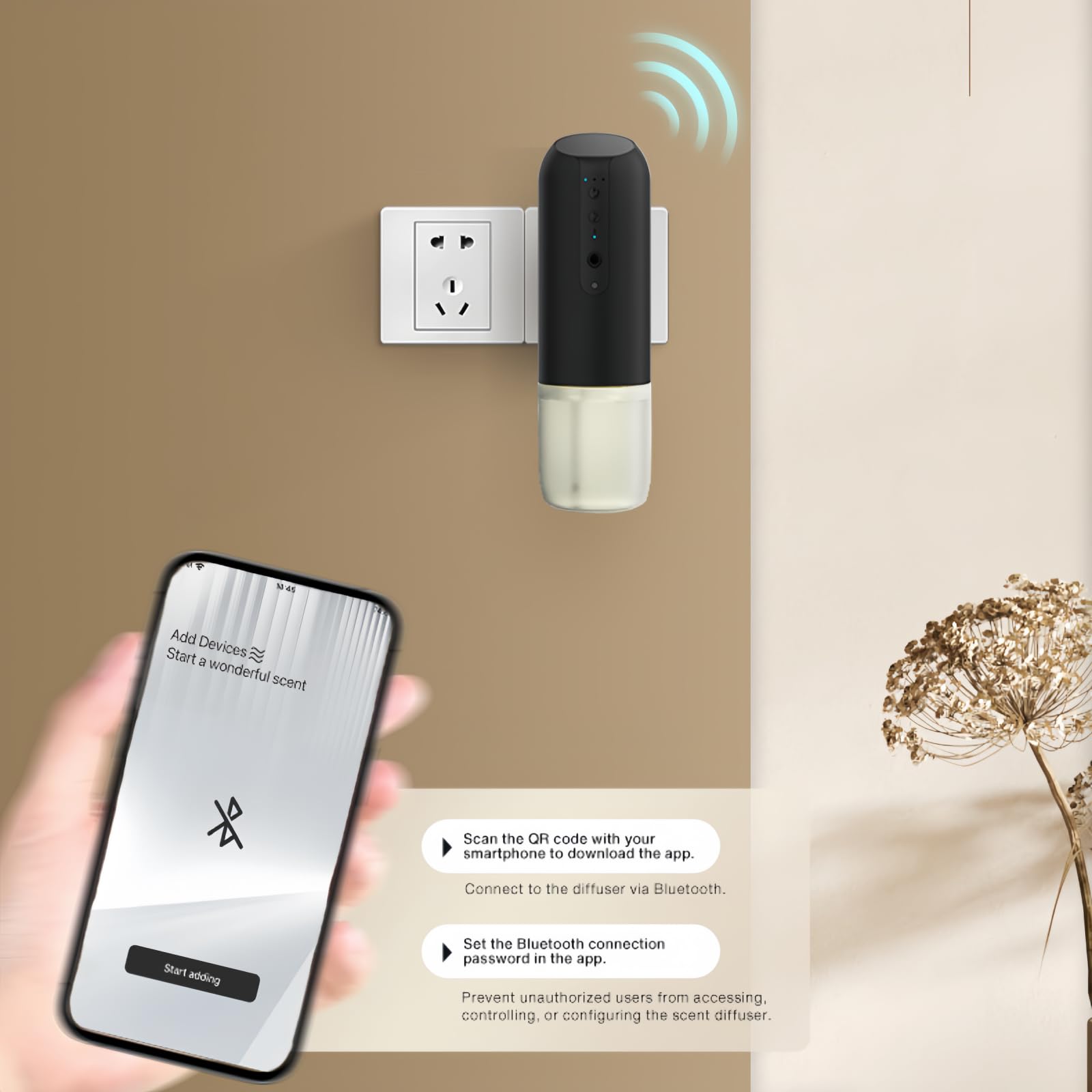 Difusor enchufable para aceites esenciales, difusor de aroma sin agua de hasta 600 pies cuadrados, para el hogar, oficina, spa, difusor de pared inteligente portátil (negro)