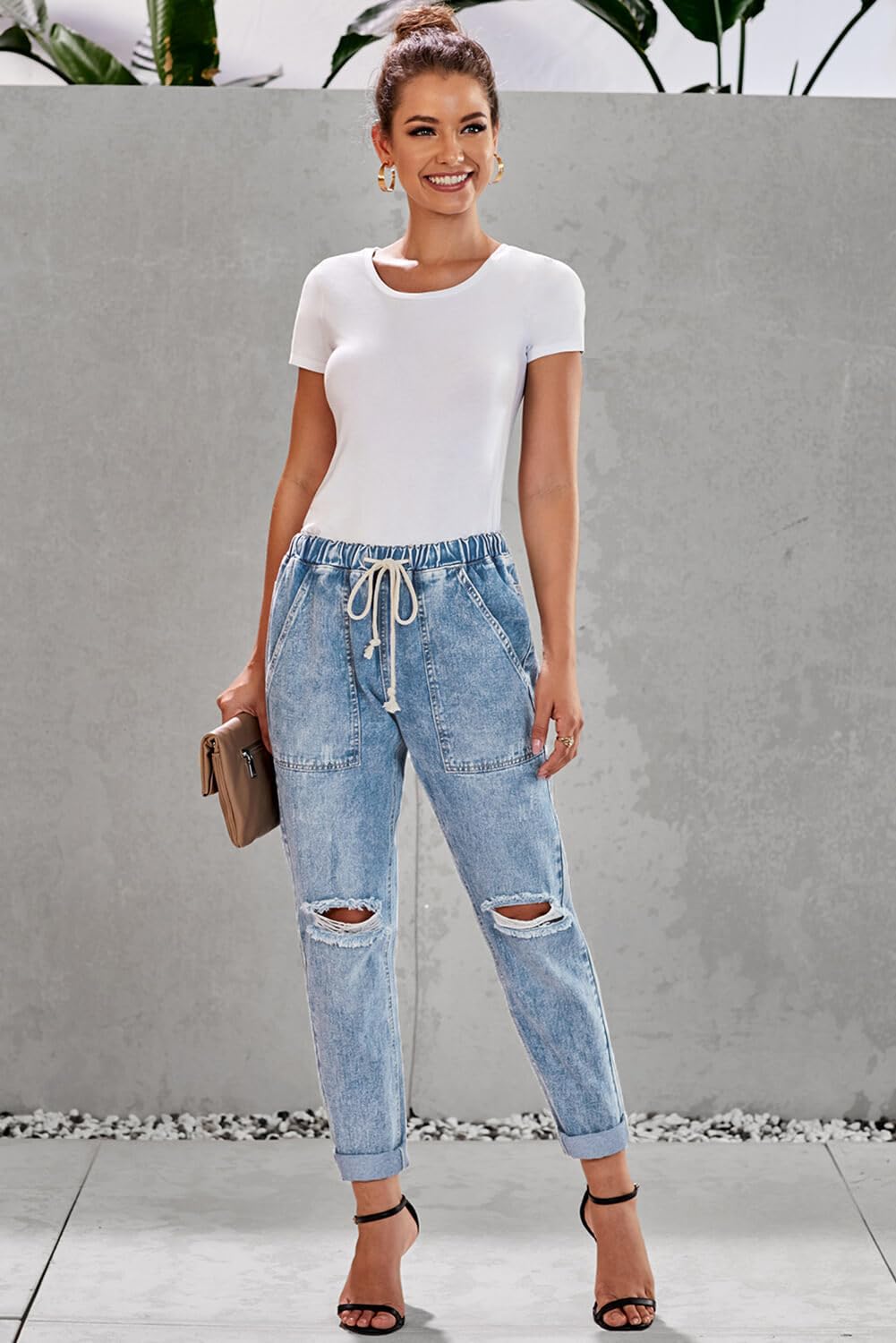 Alaster Queen Jeans Jeans Boyfriend da Donna Jeans a Vita Alta Allentati da Donna Blu Chiaro XL