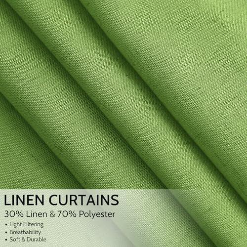 Image of Nanspring Lime Green Linen Blend Light Filtering Back Tab Curtains 102 Inches Long, Semi Sheer Privacy Drapes for Living Room & Bedroom, 52x102 inch, 2 Panels
