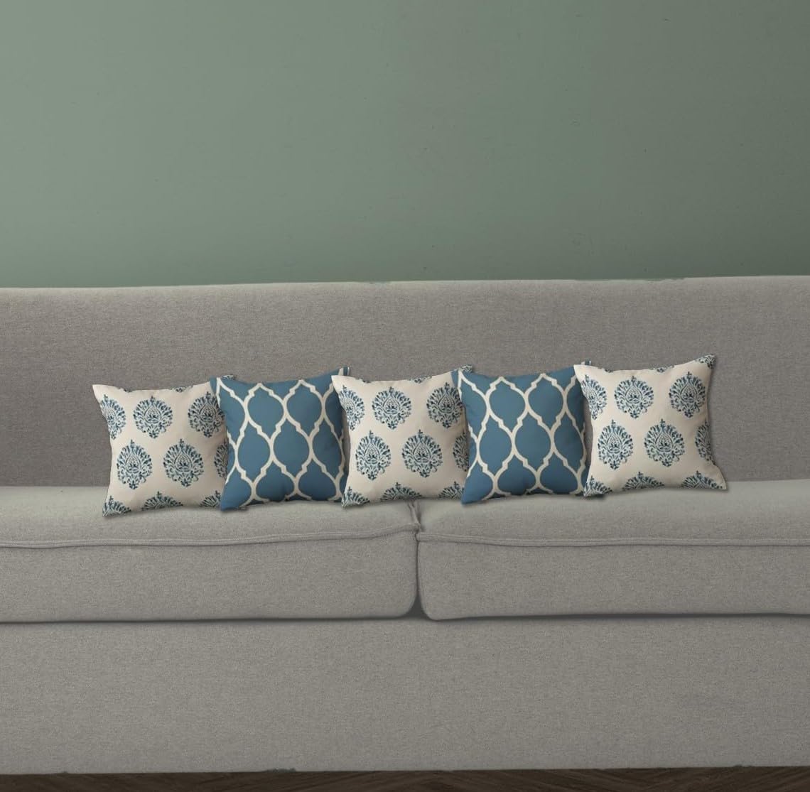 Trance Home Linen Set of 5 Premium 100% Cotton 12X12 Inch Cushion Covers Only for Sofa and Diwan | Small Cushion Pillow Covers Only (12X12 Inch | 30Cmx30Cm, Damask & Dori Blue) Set of 5, 180 TC-image-33