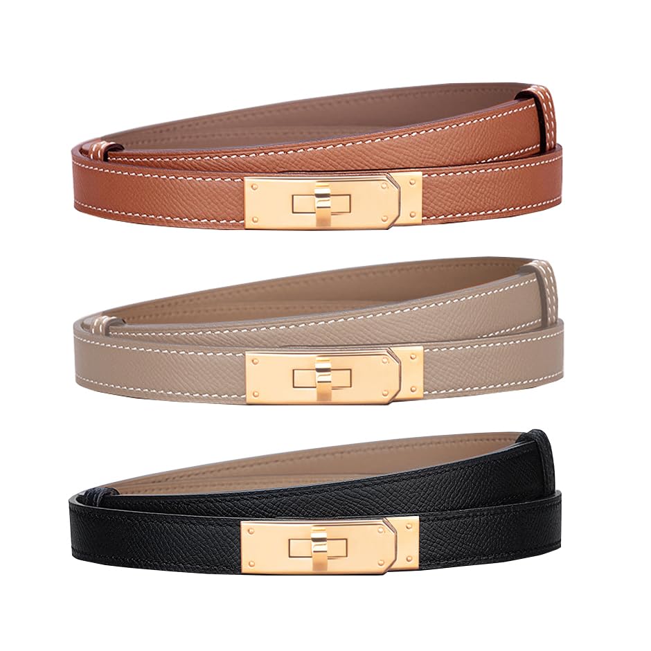 Cmonie Women's Skinny Leather Belt with Adjustable Turn-Lock Buckle For Dresses Womens Solid Color Alloy Turn Lock