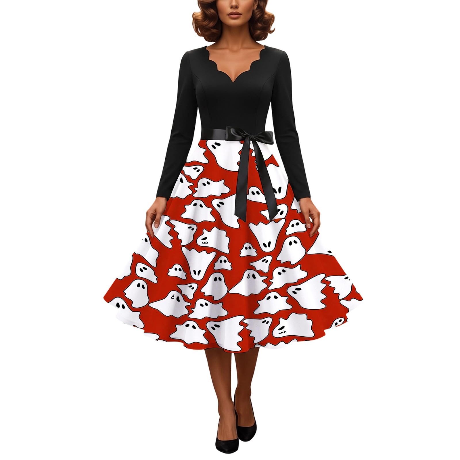 Halloween Costumes Adult Women 2026 Retropumpkin Skeleton Print Long Vintagewitch Dress V-Neck Long Sleeve A Line Swing Dress Party Cocktail Novelty Maxidresses