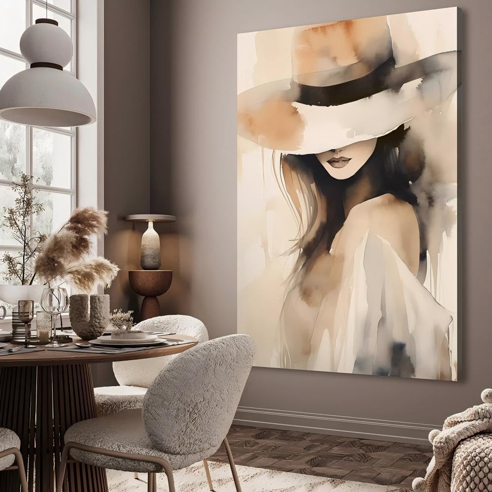 DHFGHFJ Póster en lienzo con retrato abstracto de mujer con sombrero y café negro de estilo nórdico(60x90cmX3/Con Bastidor)
